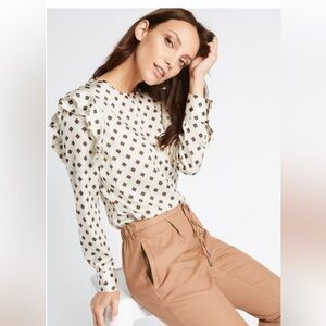 Marks & Spencer Women's Ivory Long Sleeve Crewneck Blouse Medium Ruffle Art Deco